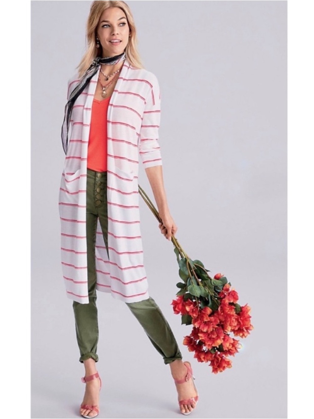 Cabi Stroll Cardigan Sweater Duster Long White Orange Striped Women’s Medium